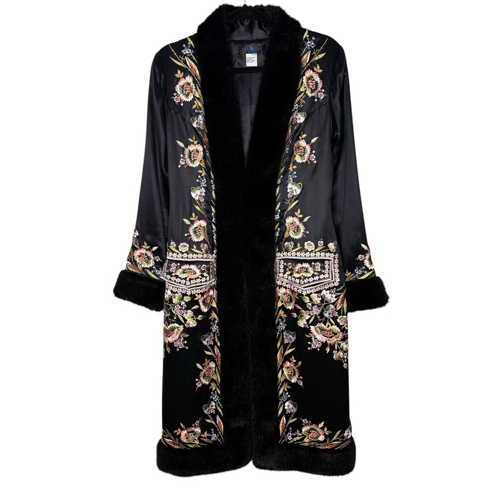 VTG Y2k Sue Wong Nocturne Silk Embroidered Duster Coat 6 Floral Faux Fur Opera